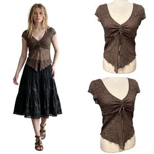 Womens XL Mesh Lace Brown Ruched Floral Sheer Coquette Whimsigoth Ethereal Indie